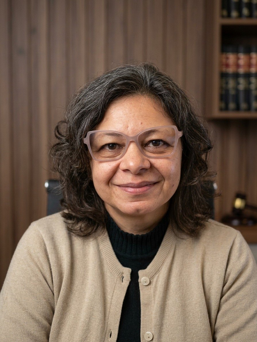 Andreza Dóro, advogada, sorrindo, em ambiente de escritório